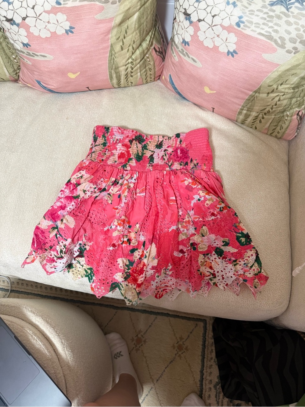 HEMANT & NANDITA Pink Floral Eyelet Smocked Mini Skirt